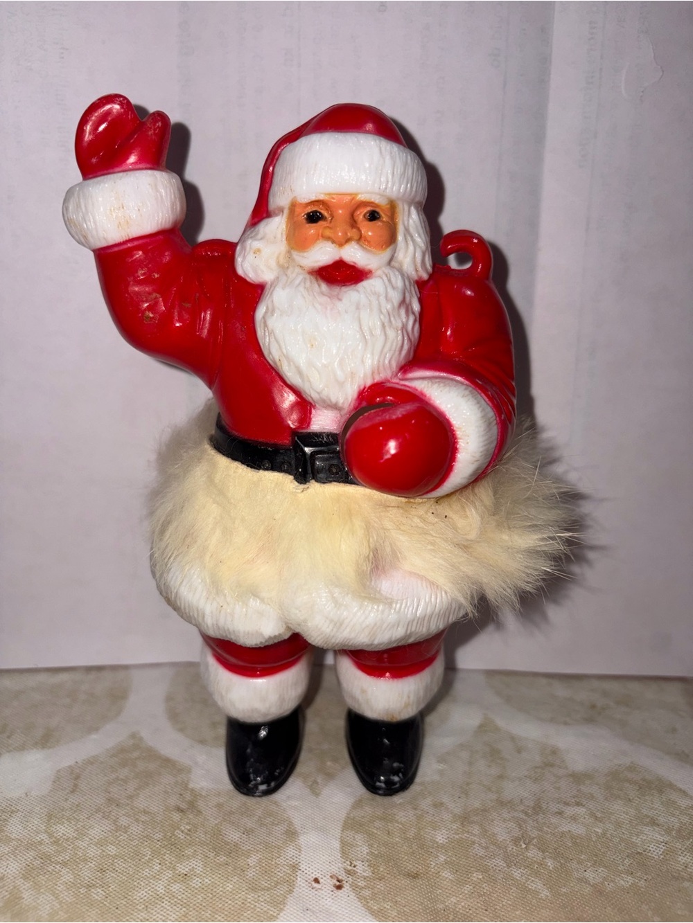 Vintage 1950s Rosbro Waving Santa 6” Hard Plastic Fur Trim MCM Christmas USA